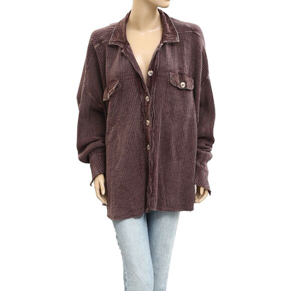Free People FP One Scout Jacket Top Waffle Knit Buttondown Oversized M 281572 - Picture 5 of 8